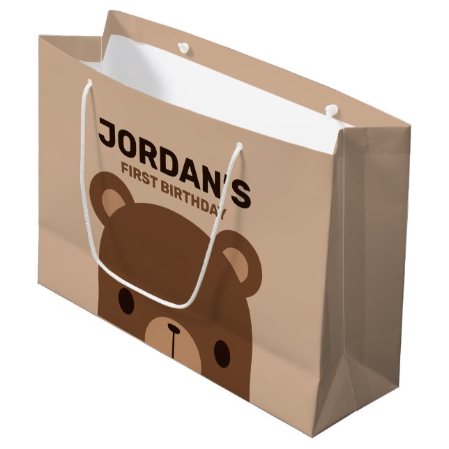 Cute Little Brown Bear Birthday Large Gift Bag (Front Angled)