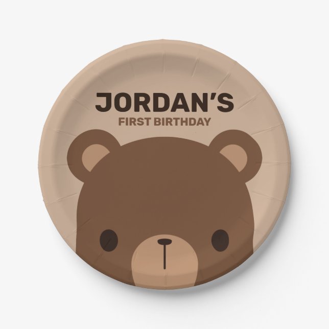 Cute Little Brown Bear Birthday Paper Plates (Front)