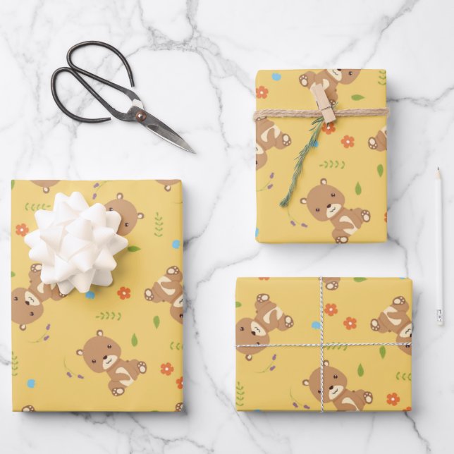 Cute little brown bear with flowers wrapping paper sheets (Front)