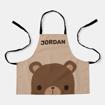 Cute Little Brown Bear With Personalized Name Apron by chingchingstudio at Zazzle