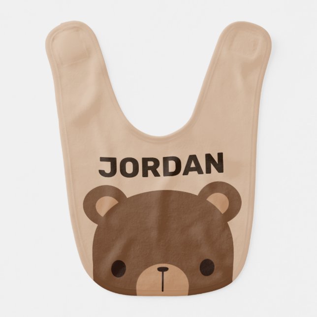 Cute Little Brown Bear with Personalized Name Baby Bib (Front)