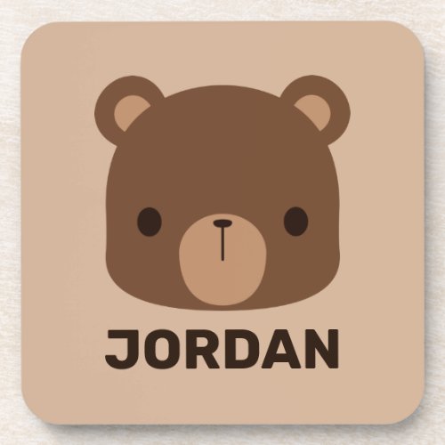 Cute Little Brown Bear with Personalized Name Beverage Coaster