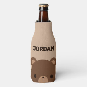 Cute Little Brown Bear with Personalized Name Bottle Cooler