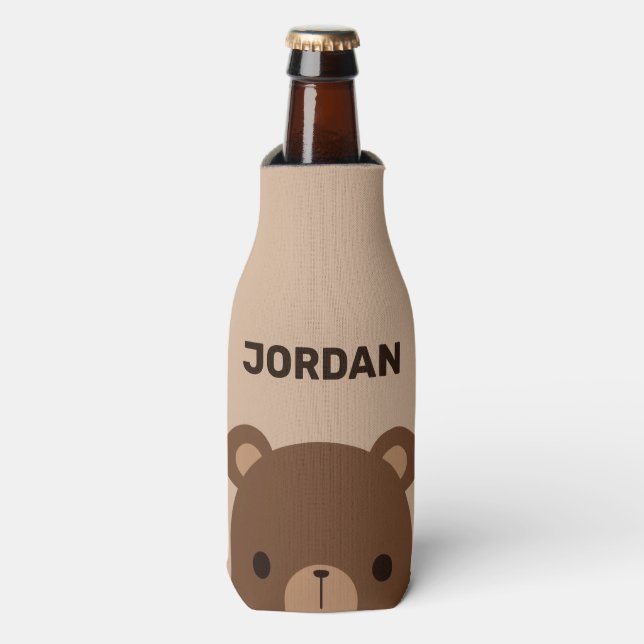 Cute Little Brown Bear with Personalized Name Bottle Cooler (Bottle Front)
