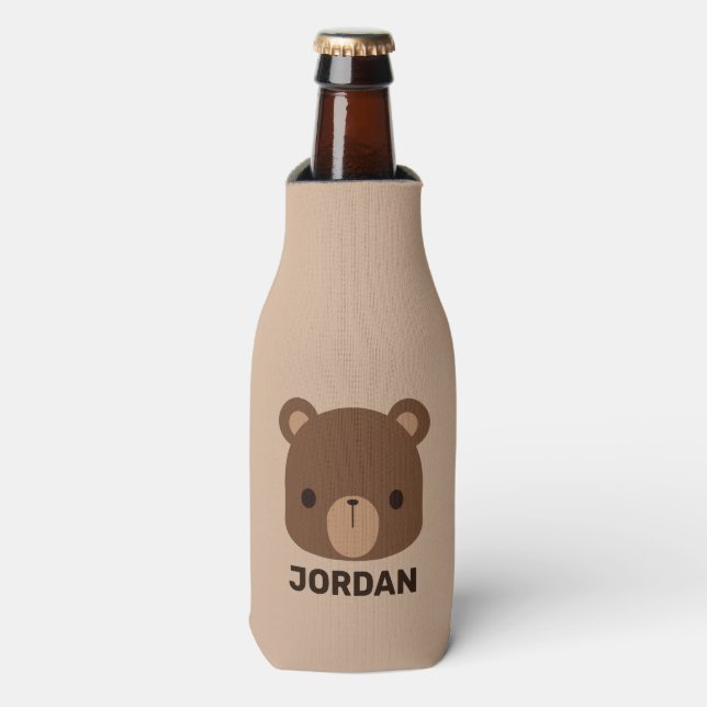 Cute Little Brown Bear with Personalized Name Bottle Cooler (Bottle Front)