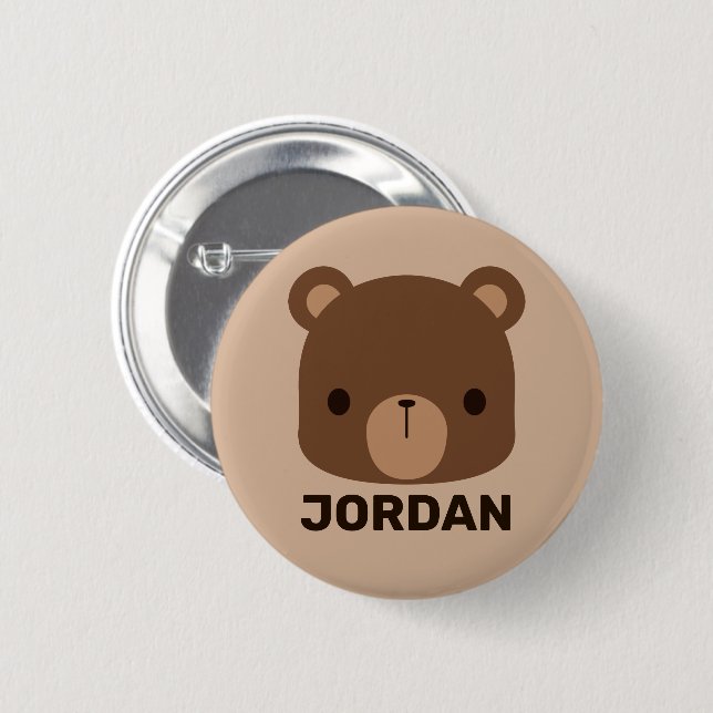 Cute Little Brown Bear with Personalized Name Button (Front & Back)