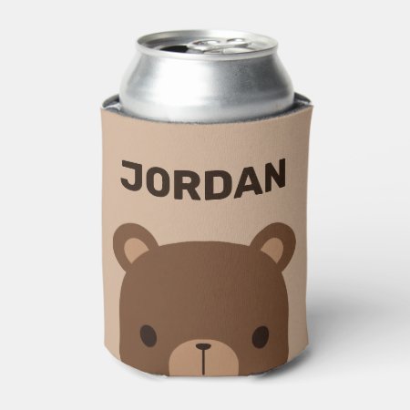 Cute Little Brown Bear With Personalized Name Can Cooler