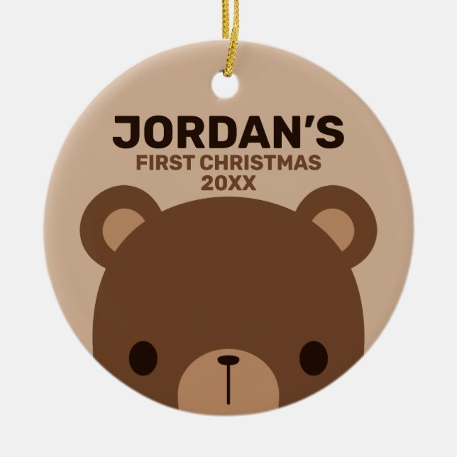 Cute Little Brown Bear with Personalized Name Ceramic Ornament (Front)