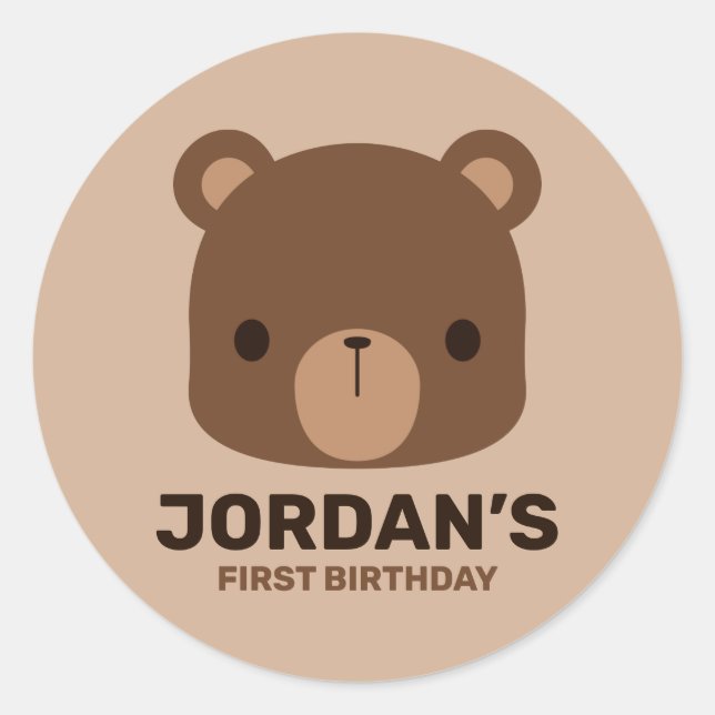 Cute Little Brown Bear with Personalized Name Classic Round Sticker (Front)