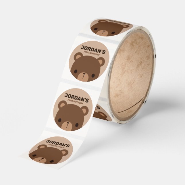 Cute Little Brown Bear with Personalized Name Classic Round Sticker (Roll)