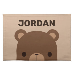 Cute Little Brown Bear with Personalized Name Cloth Placemat