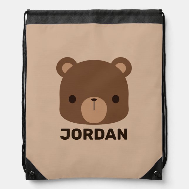 Cute Little Brown Bear with Personalized Name Drawstring Bag (Front)
