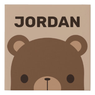 Cute Little Brown Bear with Personalized Name Faux Canvas Print