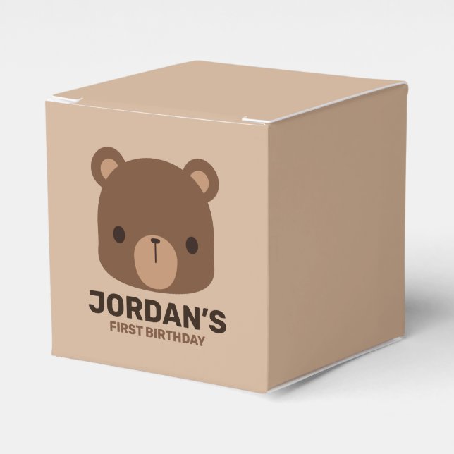 Cute Little Brown Bear with Personalized Name Favor Boxes (Front Side)