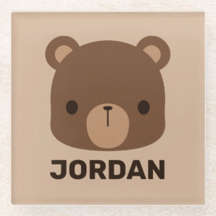 Cute Little Brown Bear with Personalized Name Glass Coaster