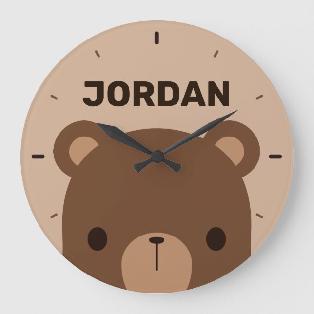 Cute Little Brown Bear with Personalized Name Large Clock (Front)