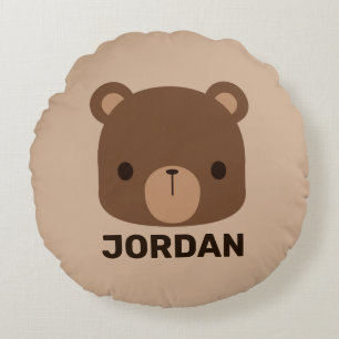 Cute Little Brown Bear with Personalized Name Round Pillow