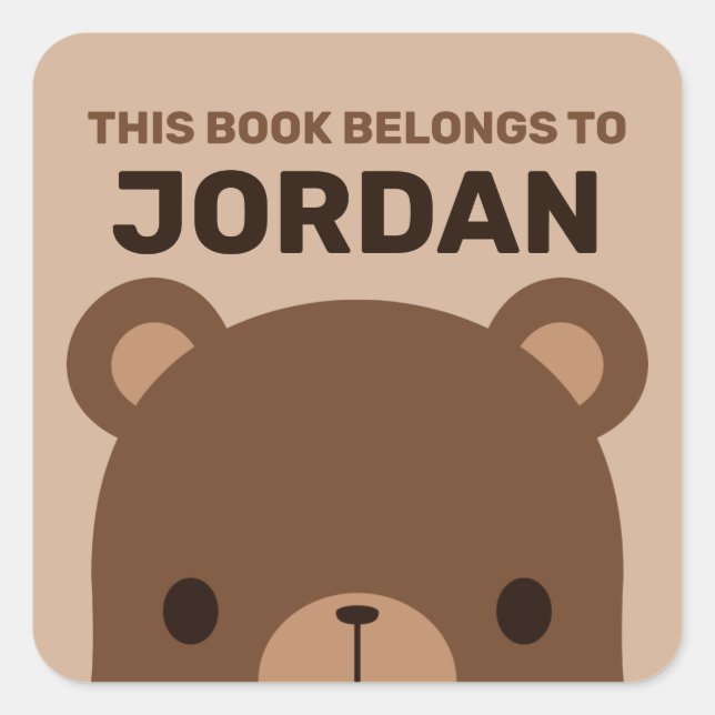 Cute Little Brown Bear with Personalized Name Square Sticker (Front)