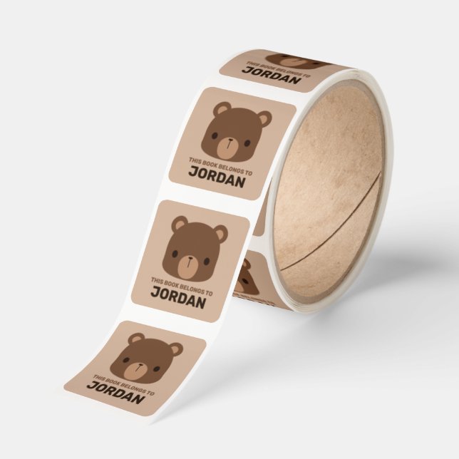 Cute Little Brown Bear with Personalized Name Square Sticker (Roll)