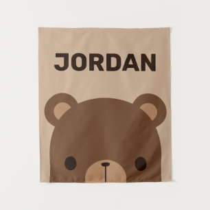 Cute Little Brown Bear with Personalized Name Tape Tapestry