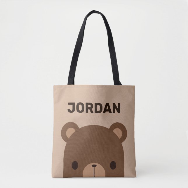 Cute Little Brown Bear with Personalized Name Tote Bag (Front)