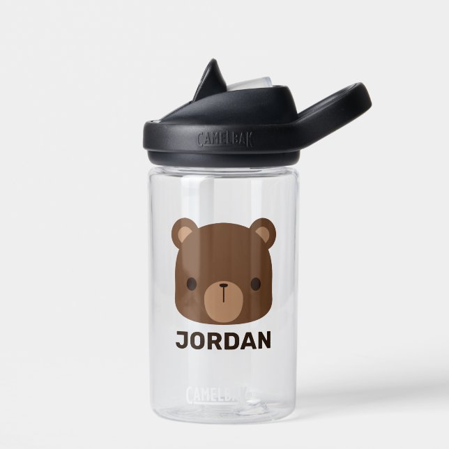 Cute Little Brown Bear with Personalized Name Water Bottle (Left)
