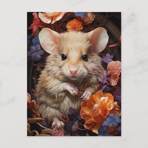 Cute Little Brown Mouse Colorful Flowers Postcard