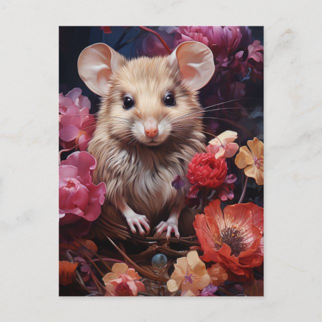 Cute Little Brown Mouse in the Flowers Postcard (Front)