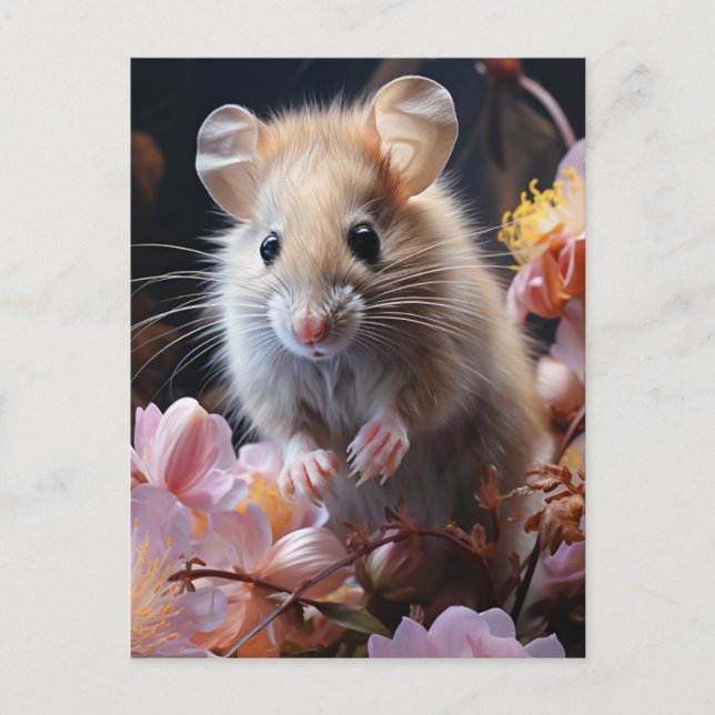 Cute Little Brown Mouse in the Pink Flowers Postcard (Front)