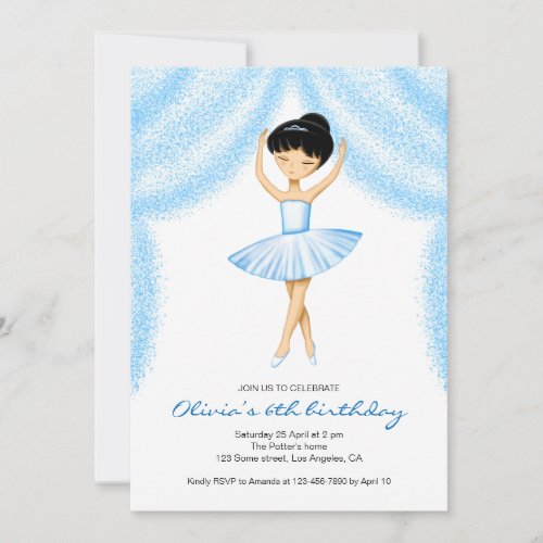 Cute little brunette ballerina in blue tutu invitation