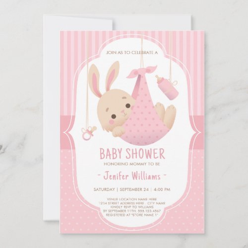 Cute Little Bunny Baby Girl Pink Baby Shower Invitation