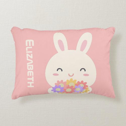Cute Little Bunny Cartoon  Flowers For Girls Pink Accent Pillow