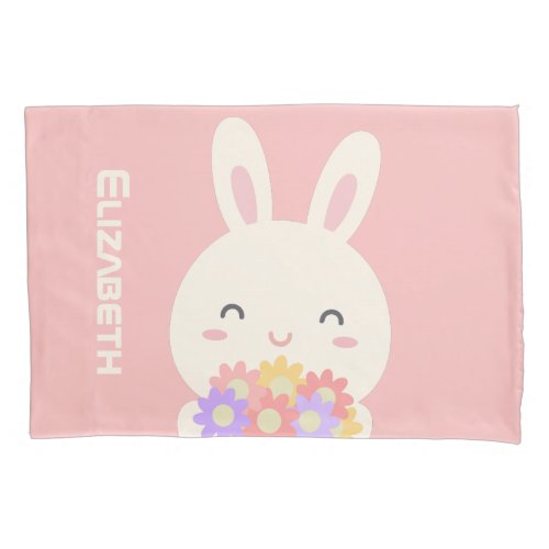 Cute Little Bunny Cartoon  Flowers For Girls Pink Pillow Case