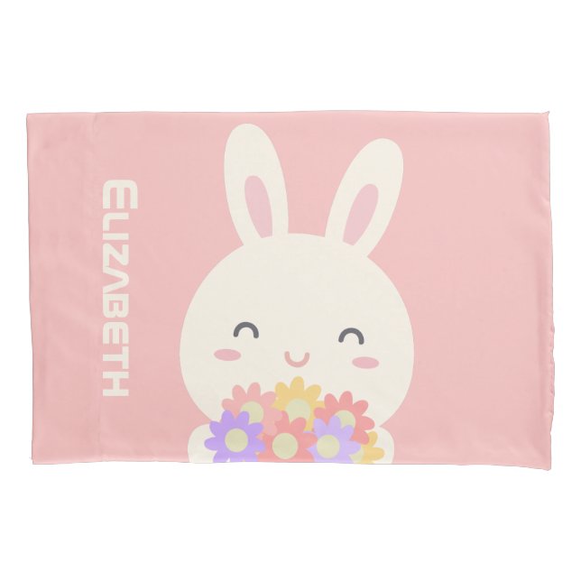 Cute Little Bunny Cartoon & Flowers For Girls Pink Pillow Case (Front)