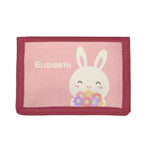 Cute Little Bunny Cartoon & Flowers For Girls Pink Tri-fold Wallet