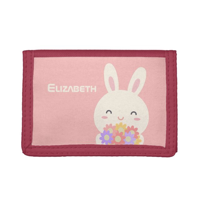 Cute Little Bunny Cartoon & Flowers For Girls Pink Trifold Wallet (Front)