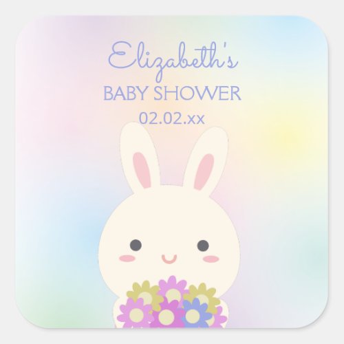 Cute Little Bunny  Flowers Baby Girl Shower Party Square Sticker