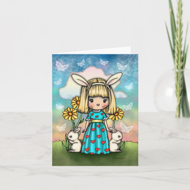 Cute Little Bunny Girl with Bunnies Fantasy Art Card (Front)