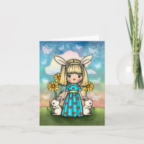 Cute Little Bunny Girl with Bunnies Fantasy Art Card