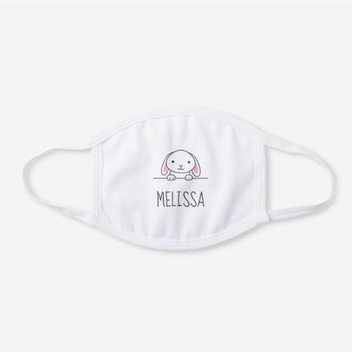 Cute Little Bunny Peeking above Custom Name White Cotton Face Mask