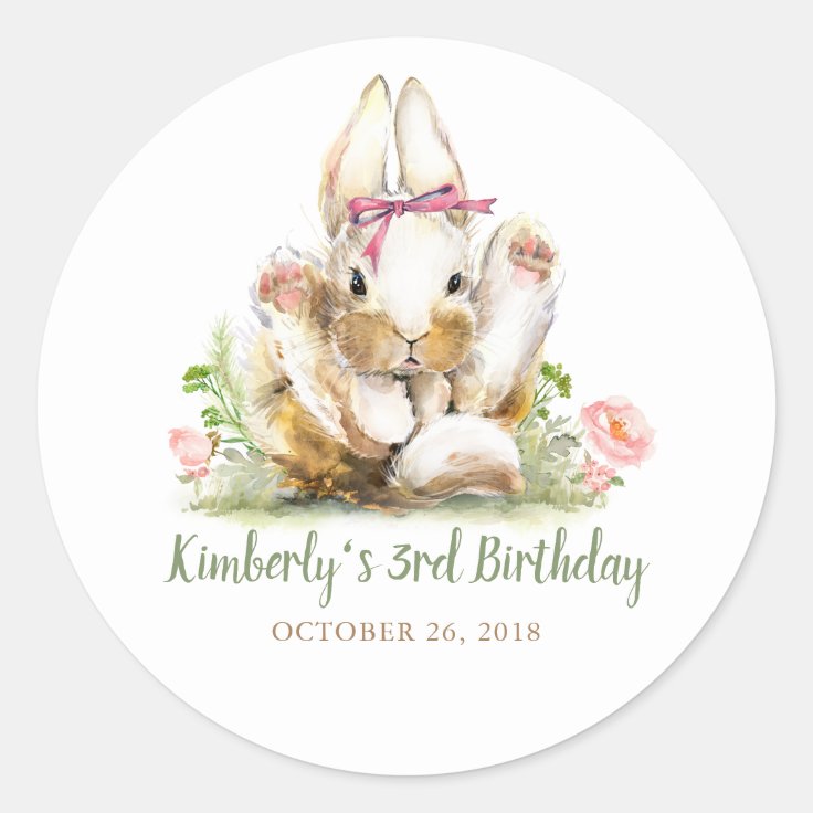 Cute Little Bunny Pink Floral Birthday Classic Round Sticker | Zazzle