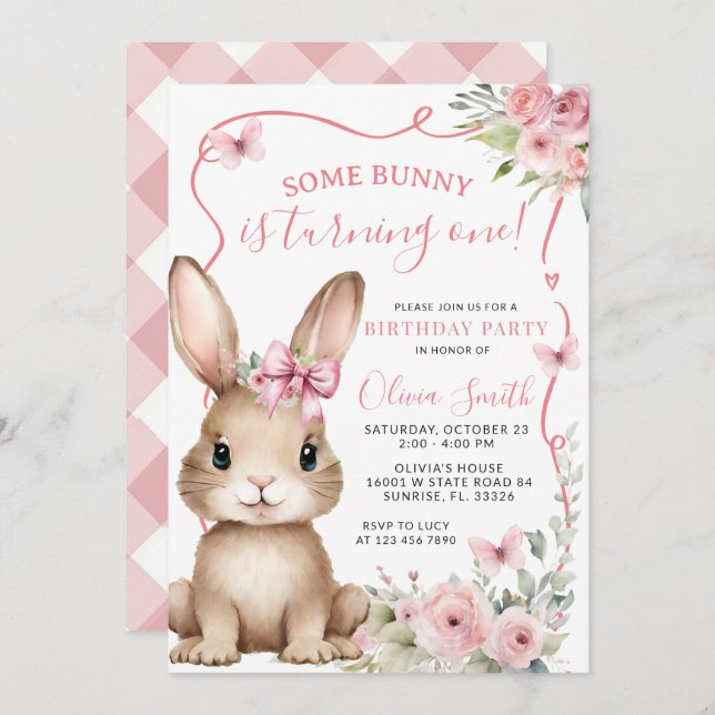 Cute Little Bunny Rabbit First Birthday Invitation (Front/Back)