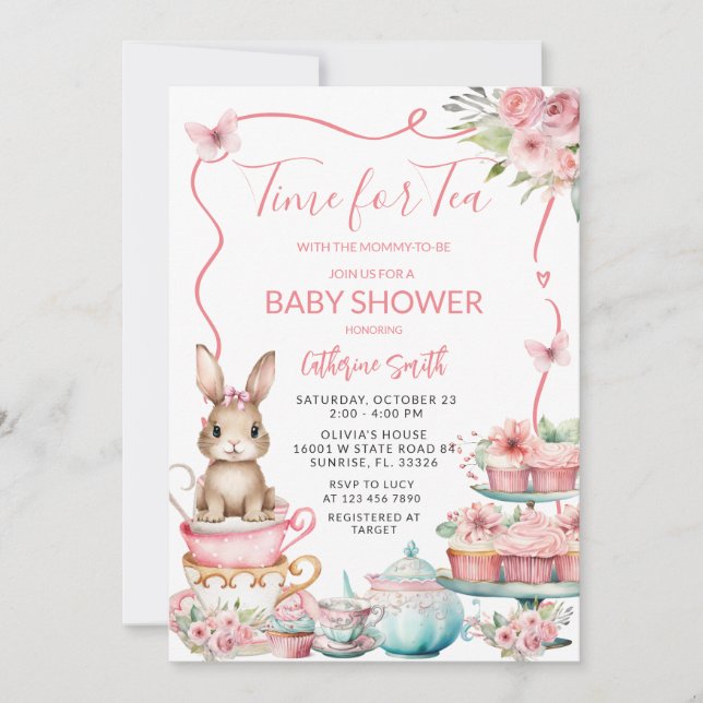 Cute Little Bunny Rabbit Tea Party Baby Shower Invitation (Front)