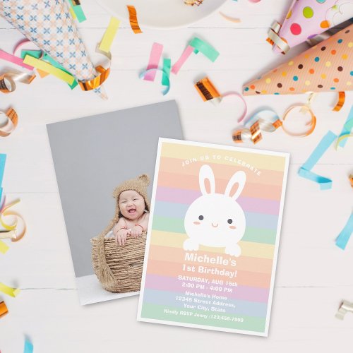 Cute Little Bunny Rainbow Baby 1st Birthday Photo Invitation