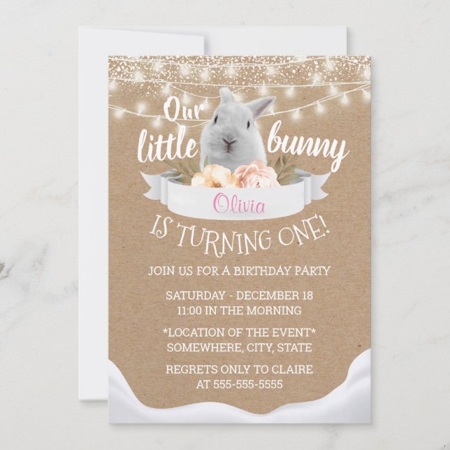 Cute Little Bunny Rustic Kraft First Birthday Invitation (Front)
