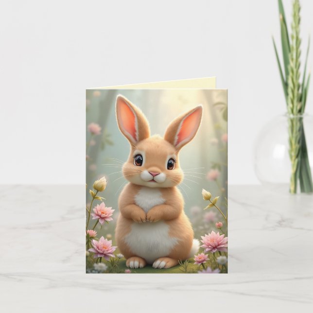 Cute little bunny surrounded by flowers, custom  holiday card (Front)