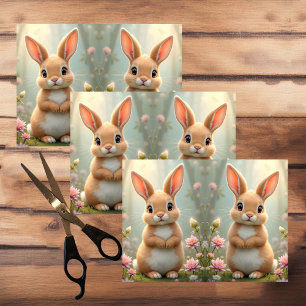 Cute little bunny surrounded by flowers, decoupage tissue paper