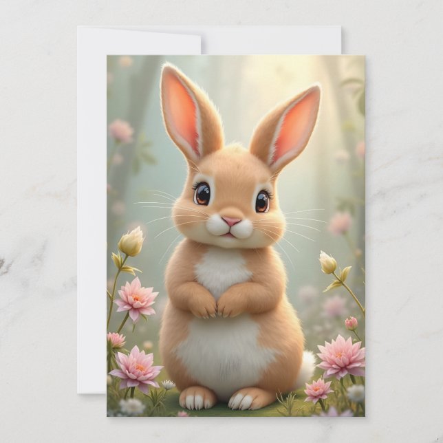 Cute little bunny surrounded by flowers holiday card (Front)