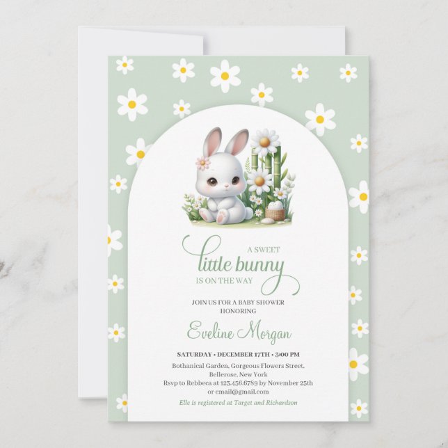 Cute little bunny with daisy spring gender neutral invitation (Front)