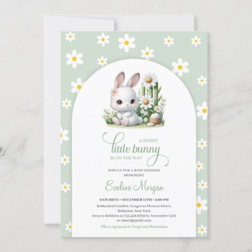 Cute little bunny with daisy spring gender neutral invitation
